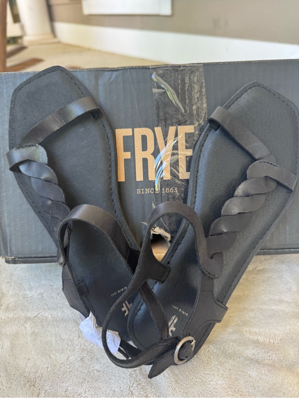 Frye Black Braided Strap Ankle Buckle Sandals